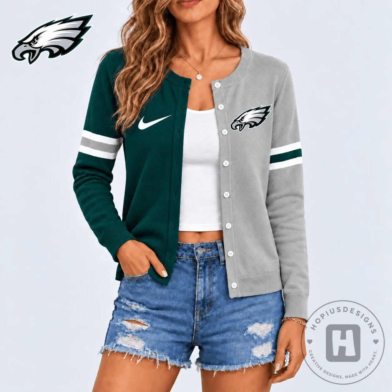 Philadelphia Eagles Womens Split Colorblock Button-Up Cardigan Sweater 7 Philadelphia Eagles Womens Split Colorblock Button-Up Cardigan Sweater