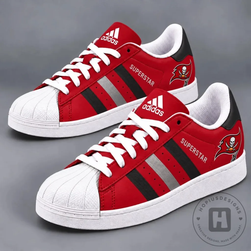 Tampa Bay Buccaneers NFL Football Team Red and Black Superstar Shoes Tampa Bay Buccaneers NFL Football Team Red and Black Superstar Shoes