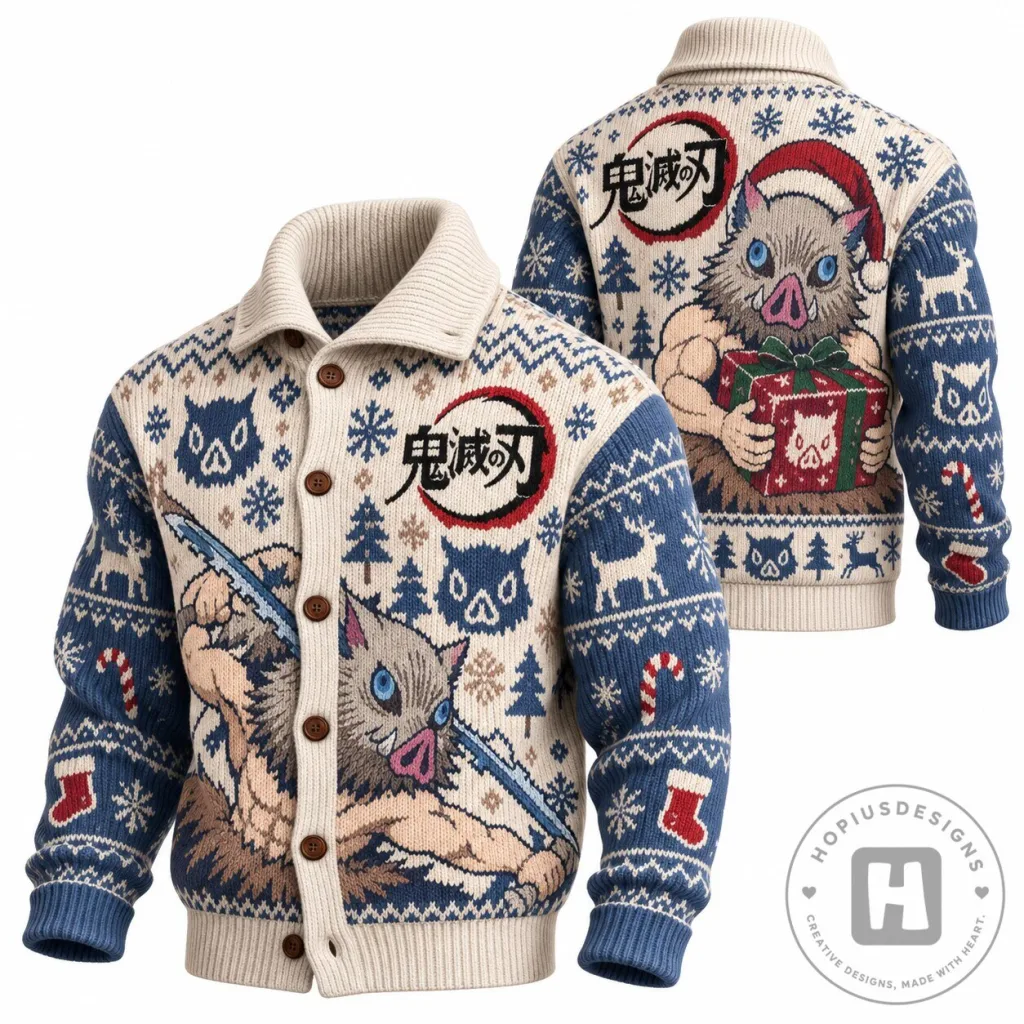 Demon Slayer Inosuke Hashibira Christmas Holiday Knit Sweater Cardigan Demon Slayer Inosuke Hashibira Christmas Holiday Knit Sweater Cardigan