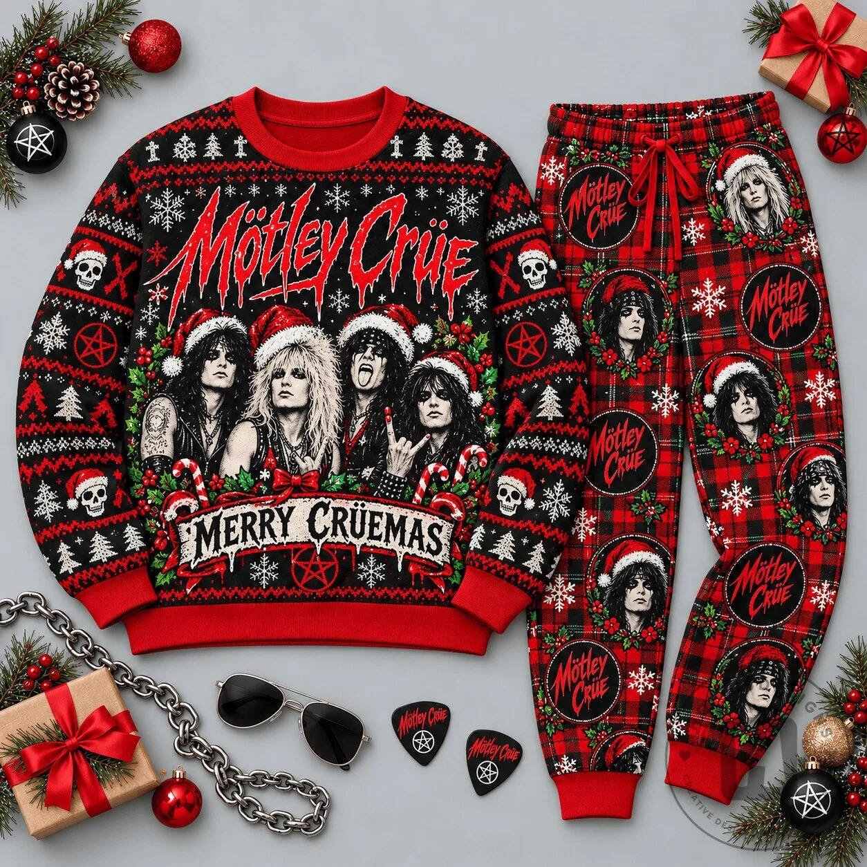 Motley Crue Merry Cruemas Band Christmas Holiday Ugly Sweater and Pajamas Set