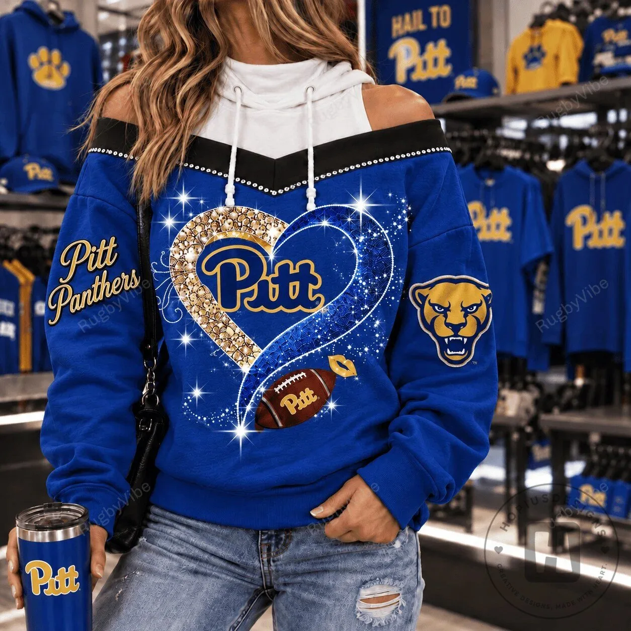 Pittsburgh Panthers Football Sparkle Heart Design Women's Hoodie