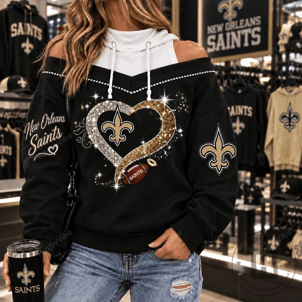 New Orleans Saints Glitter Heart Football Women's Off Shoulder Hoodie