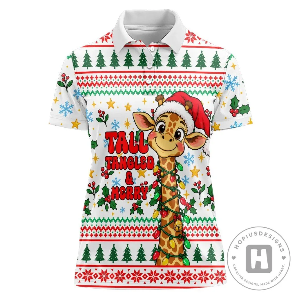 Christmas Giraffe Lights Women's Ugly Sweater Style Polo Shirt 1 Christmas Giraffe Lights Women's Ugly Sweater Style Polo Shirt