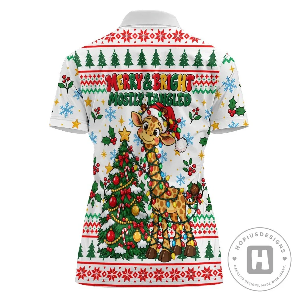 Christmas Giraffe Lights Women's Ugly Sweater Style Polo Shirt 10 Christmas Giraffe Lights Women