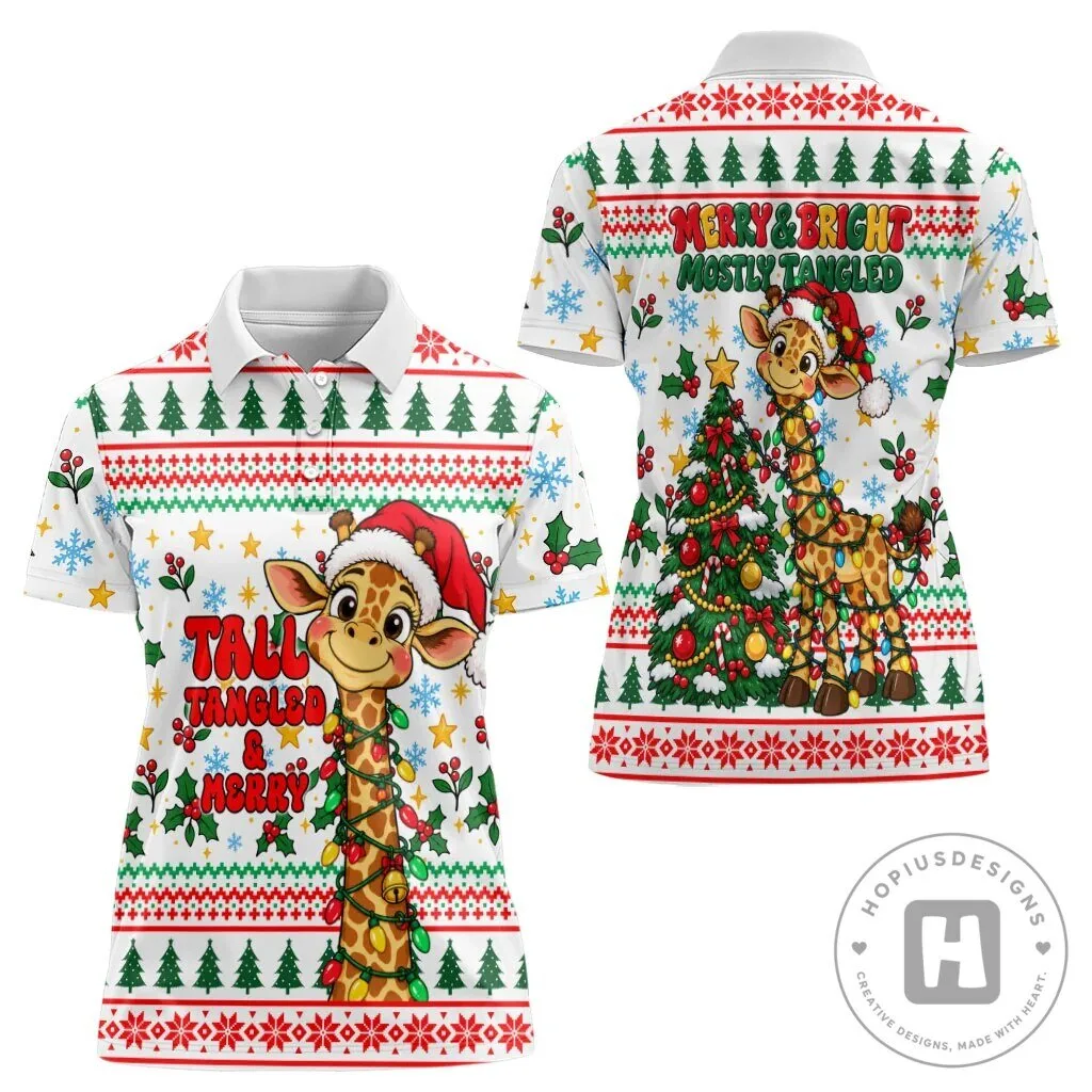 Christmas Giraffe Lights Women's Ugly Sweater Style Polo Shirt 11 Christmas Giraffe Lights Women