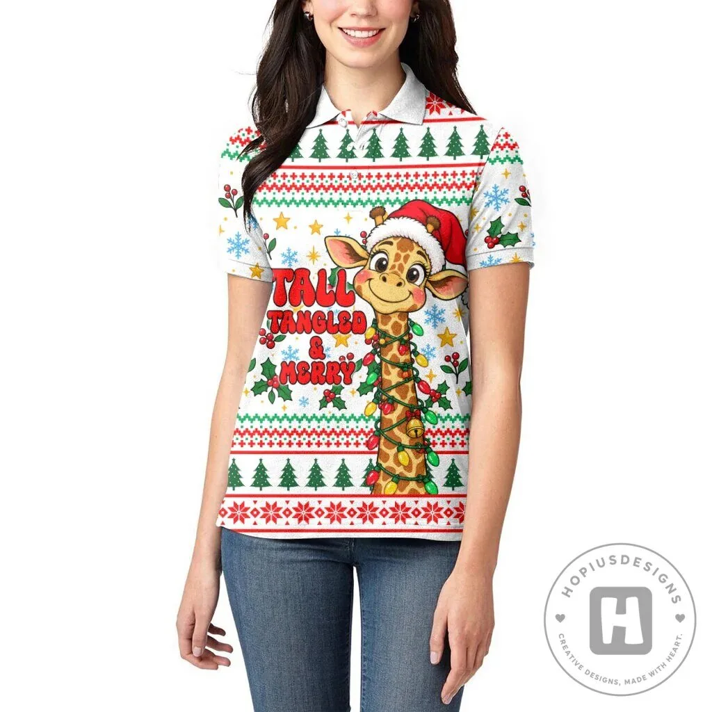 Christmas Giraffe Lights Women's Ugly Sweater Style Polo Shirt 12 Christmas Giraffe Lights Women