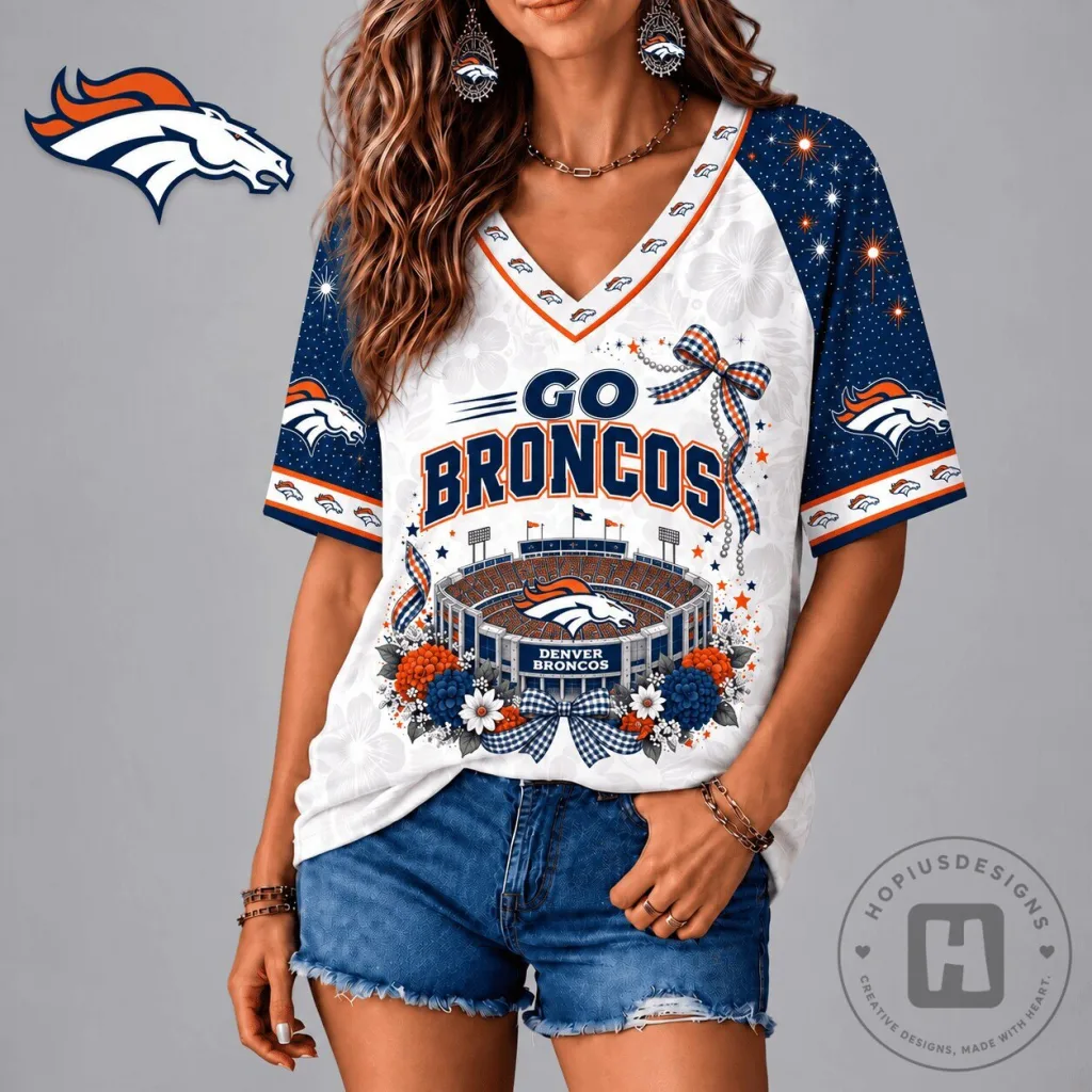 Denver Broncos Patriotic Floral Bow V-Neck Short Sleeve T-Shirt Denver Broncos Patriotic Floral Bow V-Neck Short Sleeve T-Shirt