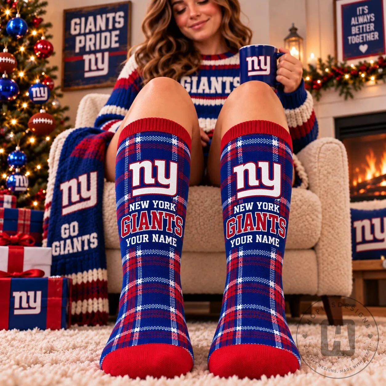 New York Giants Personalized Plaid Pattern Fan Socks