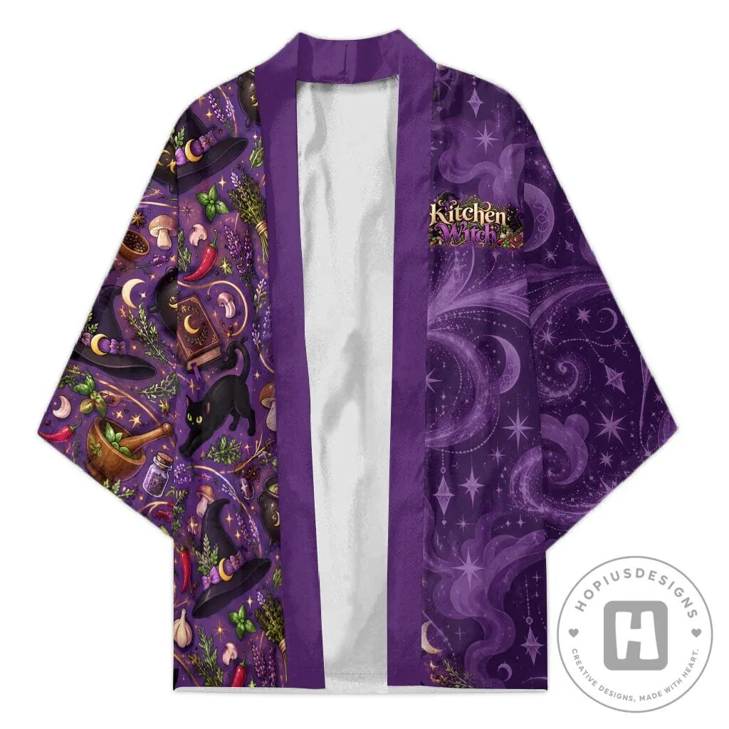 Kitchen Witch Mystical Wiccan Magic Herb Cauldron Black Cat Kimono Cardigan