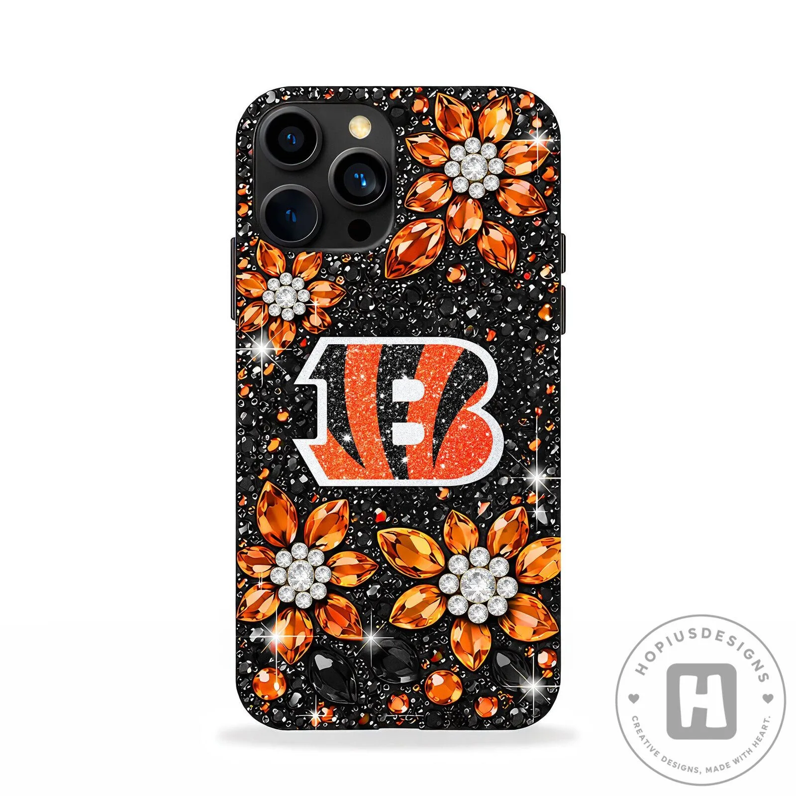 Cincinnati Bengals Orange and Black Rhinestone Flower Sparkle Phone Case