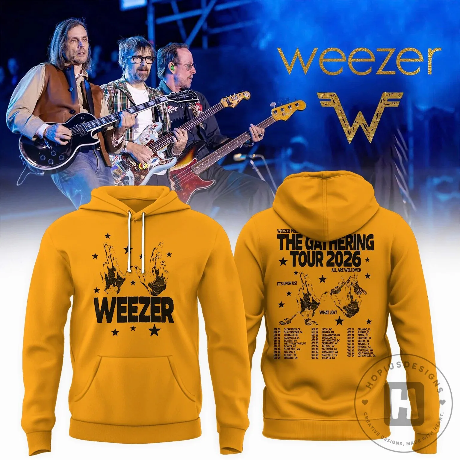 Weezer The Gathering Tour 2026 Concert Dates Yellow Hoodie