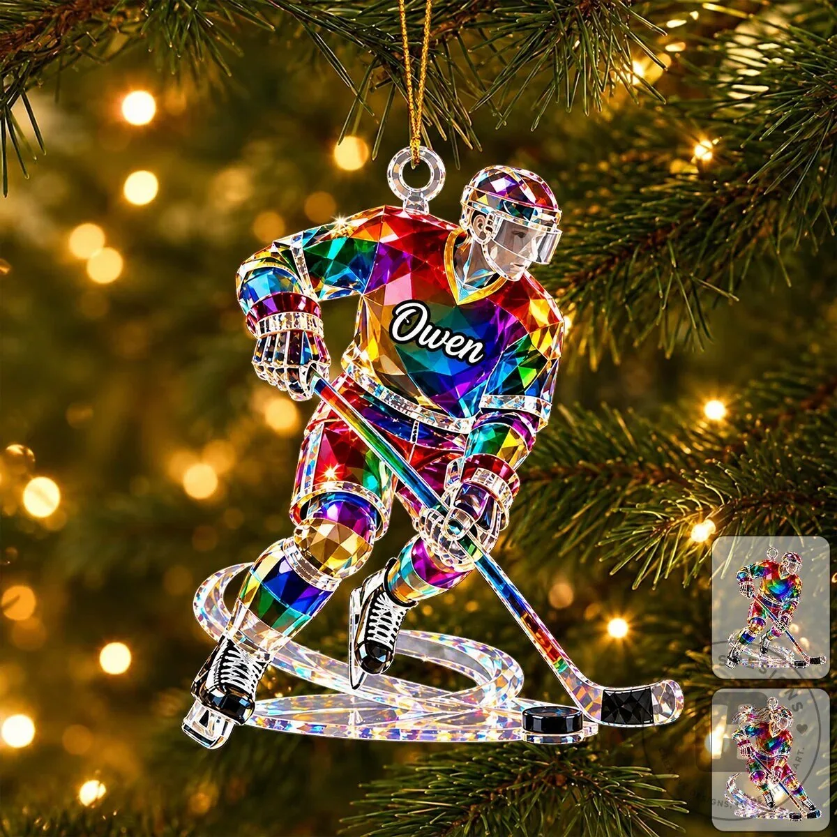 Personalized Ice Hockey Player Rainbow Diamond Christmas Tree Ornament