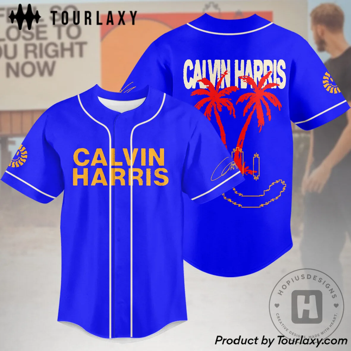 Calvin Harris Tour 2027 Blue Baseball Jersey with Palm Trees and Smiley Face
