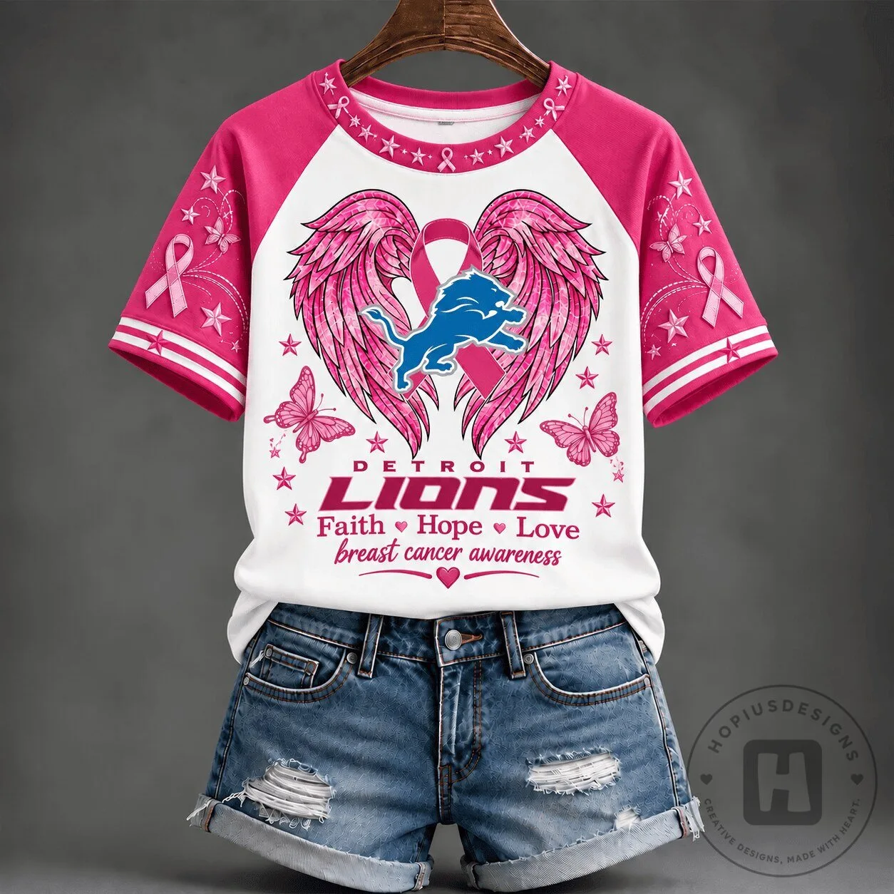 Detroit Lions Breast Cancer Awareness Faith Hope Love T-Shirt