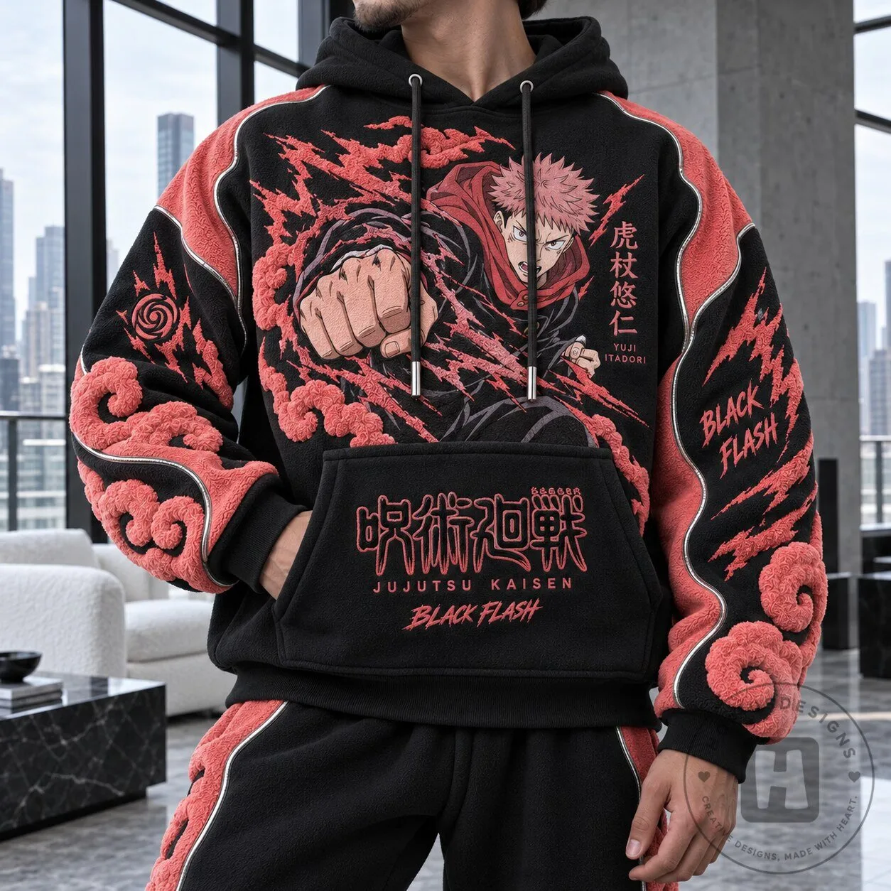 Anime Hoodie featuring Yuji Itadori in Black Flash from Jujutsu Kaisen