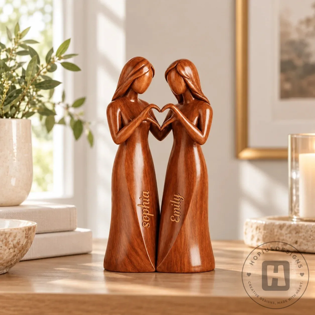 Personalized Sisters Heart Hands Wooden Figurine, Custom Engraved Best Friends Statue