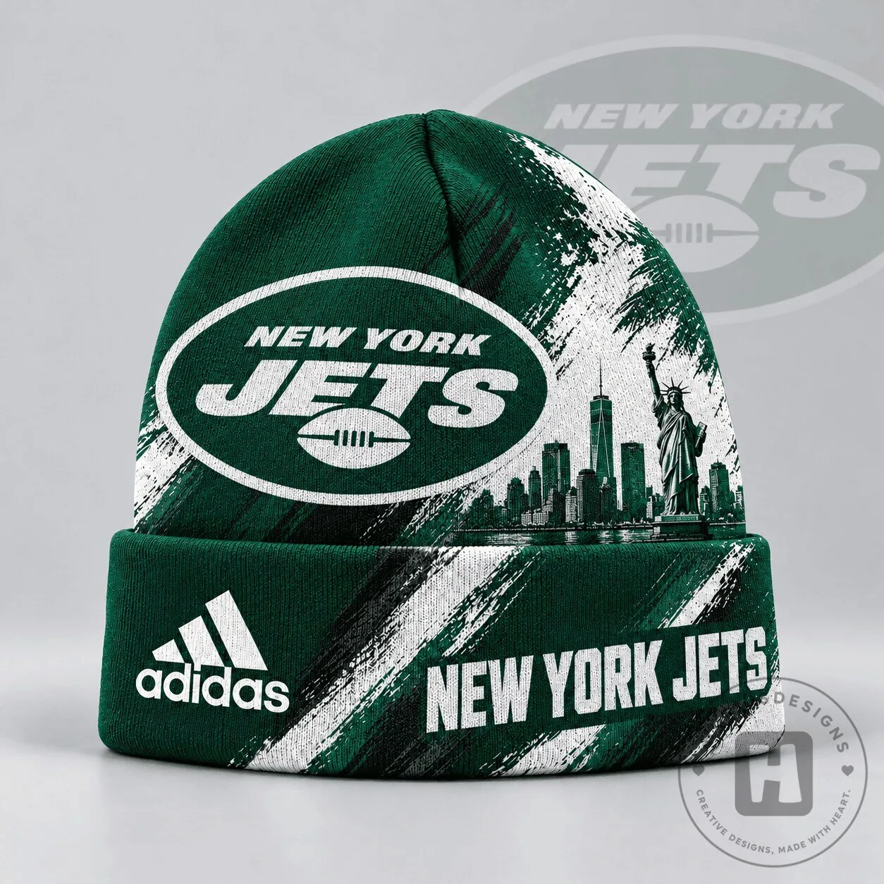 New York Jets Football Team Urban Skyline Distressed Brushstroke Knit Cap Hat