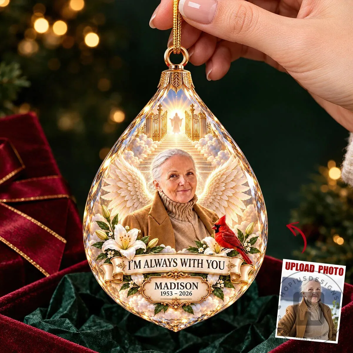 Personalized Memorial Heaven Angel Wings Photo Christmas Ornament