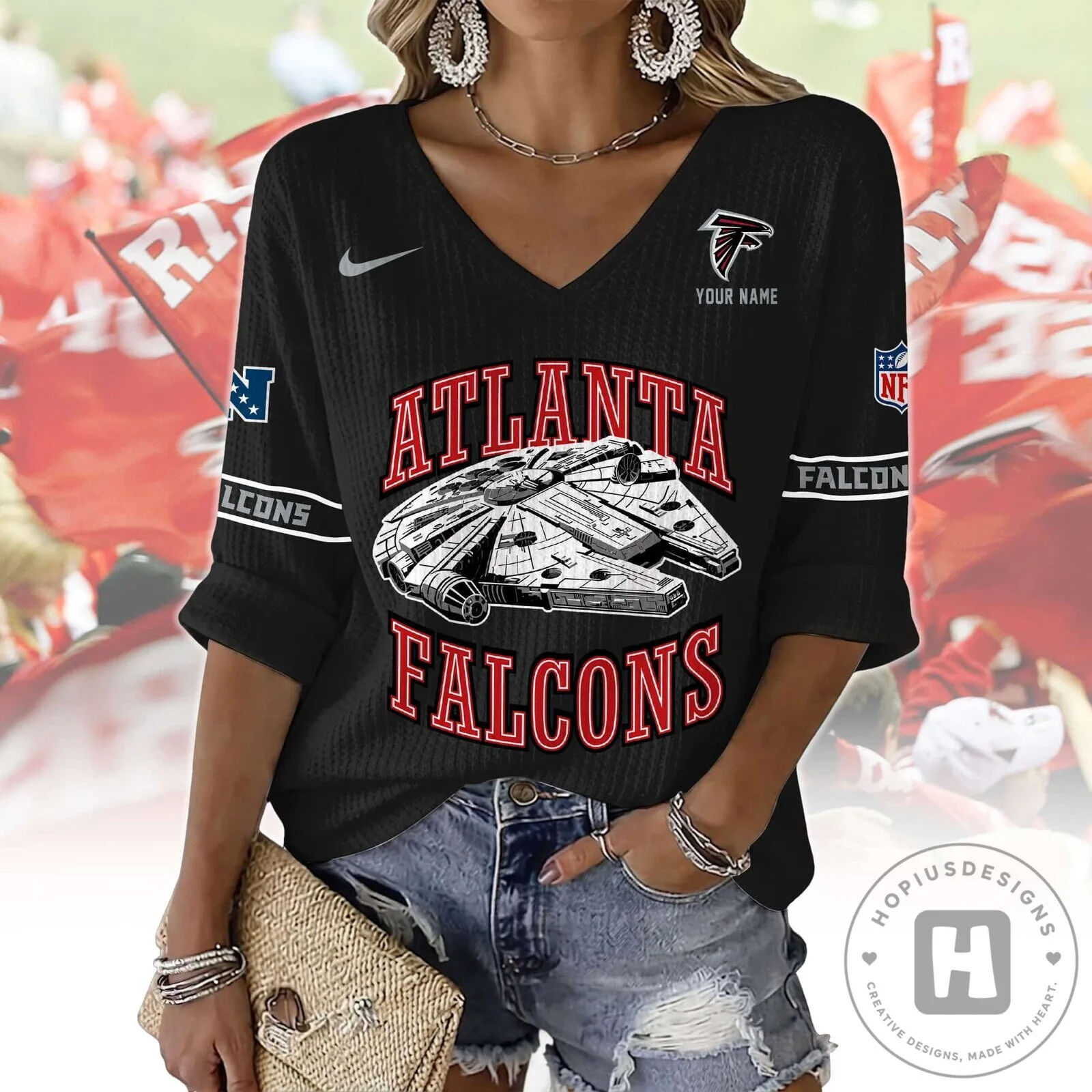 Atlanta Falcons Millennium Falcon Star Wars Football Green V-Neck Long Sleeve Shirt 10 Atlanta Falcons Millennium Falcon Star Wars Football Green V-Neck Long Sleeve Shirt