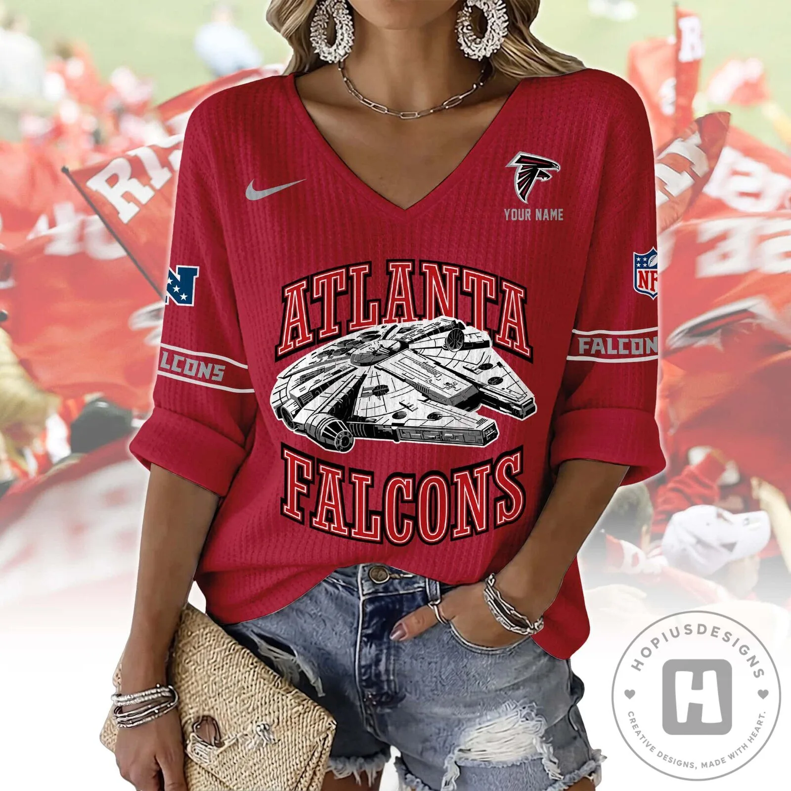 Atlanta Falcons Millennium Falcon Star Wars Football Green V-Neck Long Sleeve Shirt 11 Atlanta Falcons Millennium Falcon Star Wars Football Green V-Neck Long Sleeve Shirt