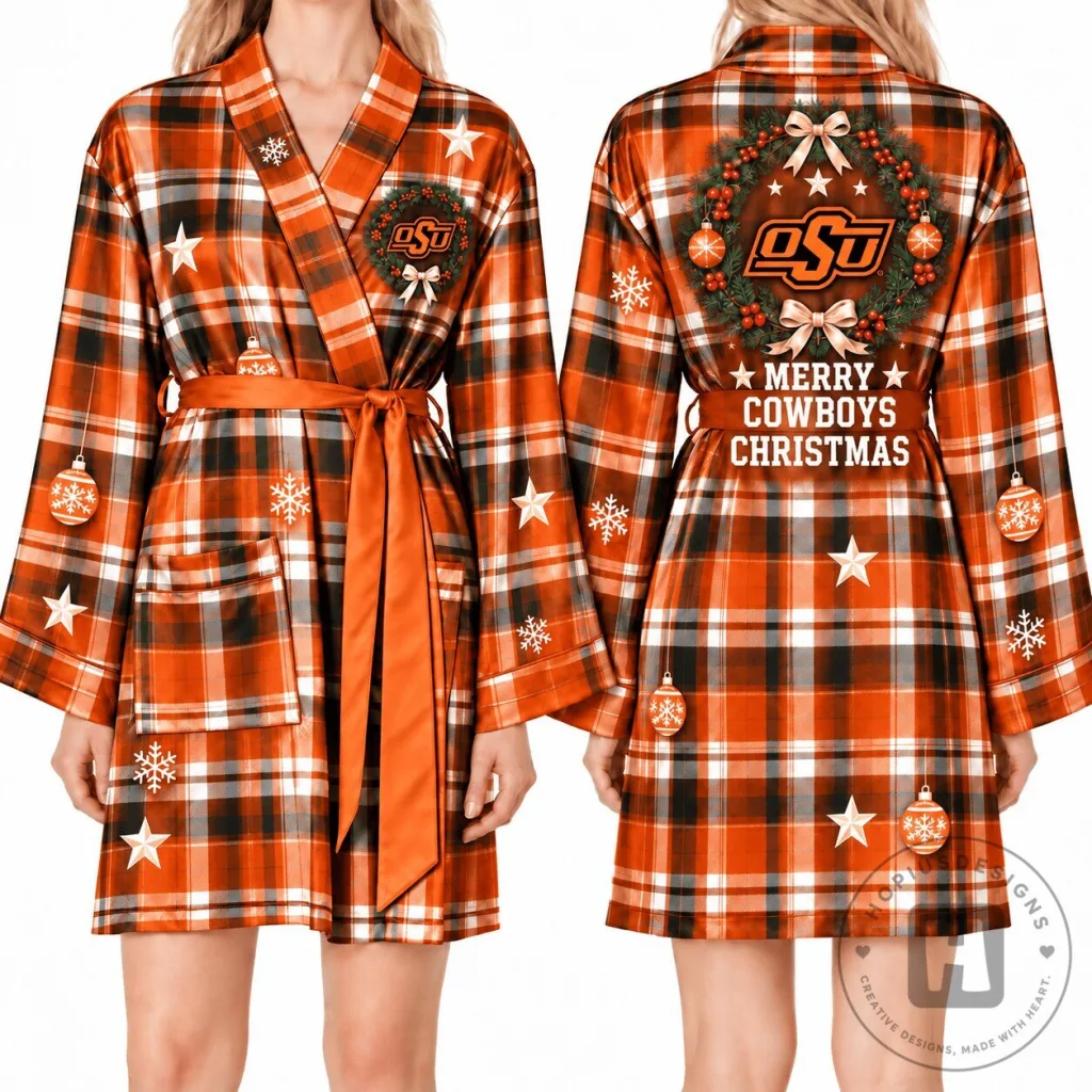 Oklahoma State Cowboys Christmas Plaid Womens Satin Bathrobe Oklahoma State Cowboys Christmas Plaid Womens Satin Bathrobe