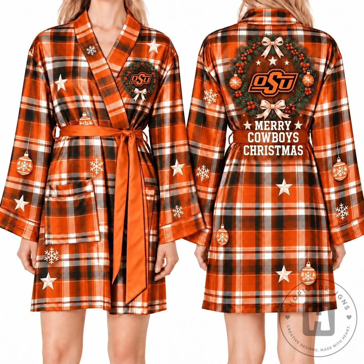 Oklahoma State Cowboys Christmas Plaid Womens Satin Bathrobe