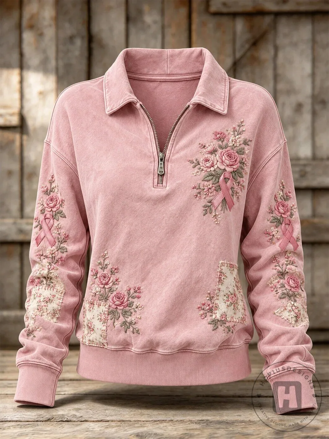 Pink Rose Floral Breast Cancer Awareness Ribbon Half-Zip Sweatshirt for Women