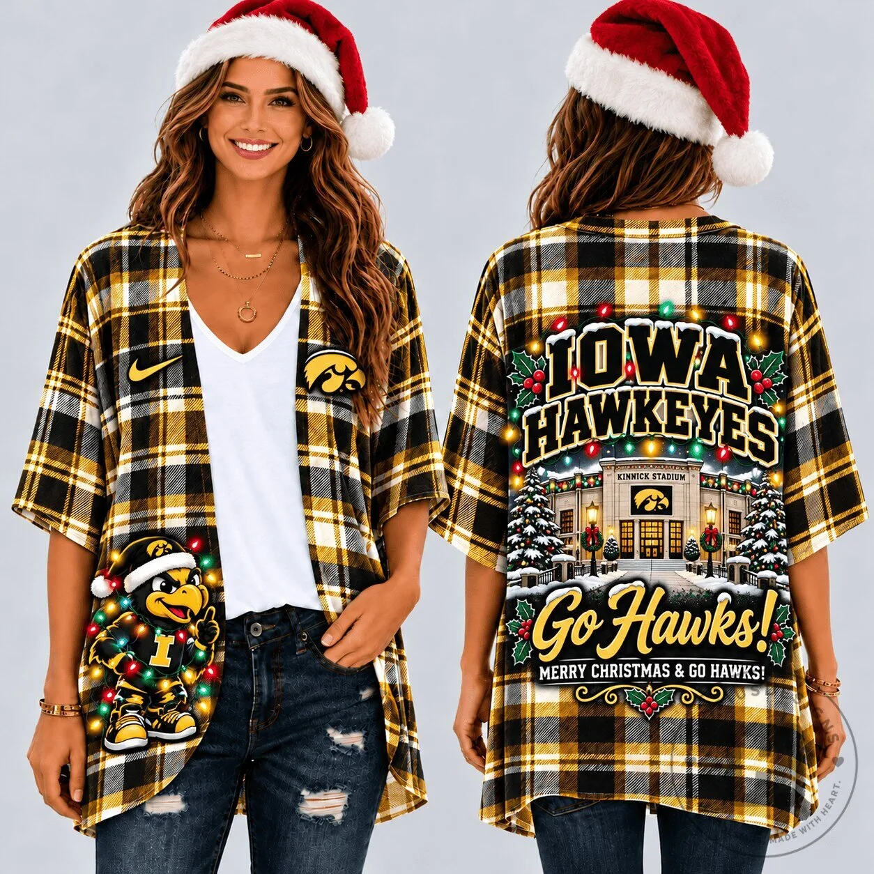 Iowa Hawkeyes Christmas Plaid Flannel Button Up Shirt for Women
