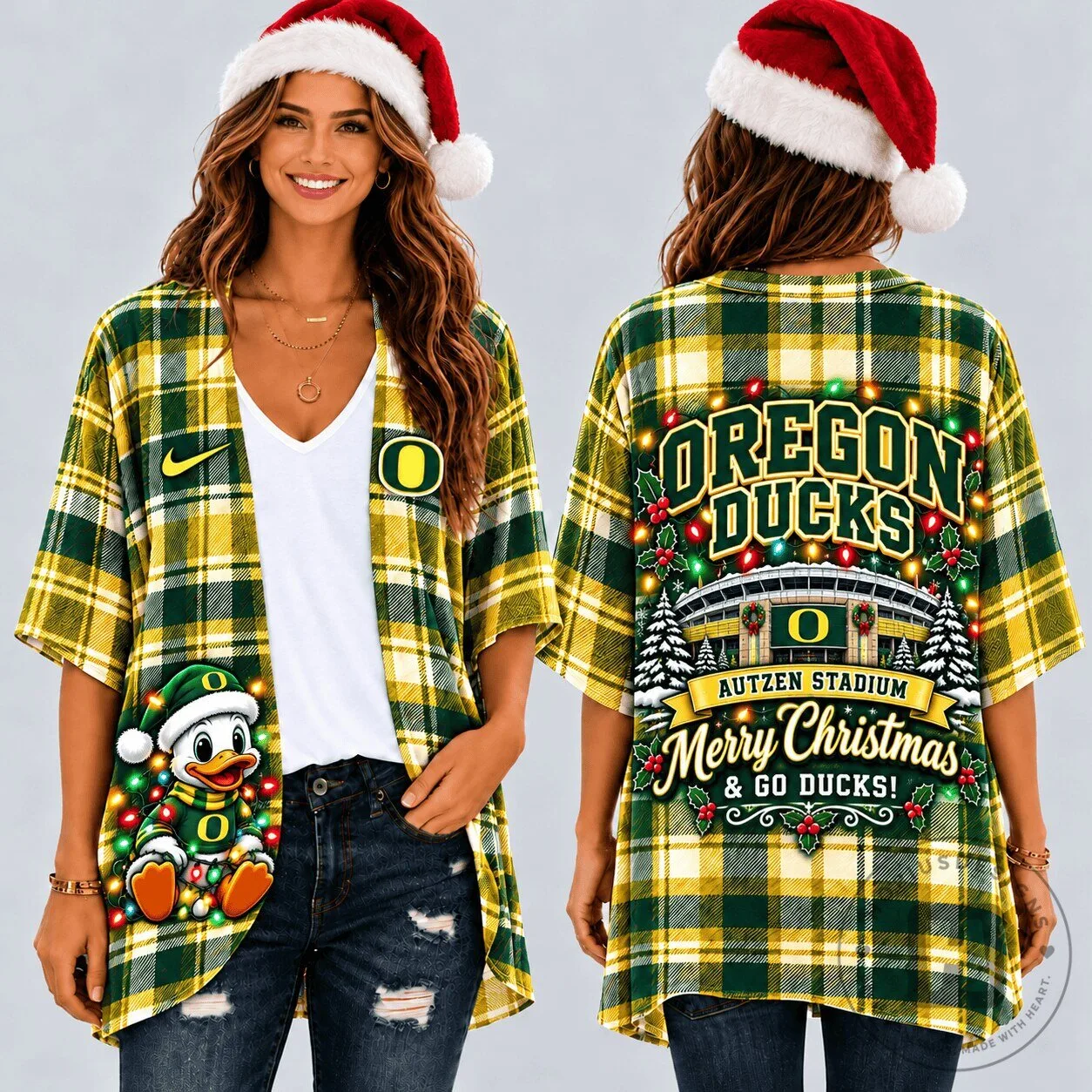 Oregon Ducks Autzen Stadium Christmas Plaid Kimono Cardigan 6 Oregon Ducks Autzen Stadium Christmas Plaid Kimono Cardigan