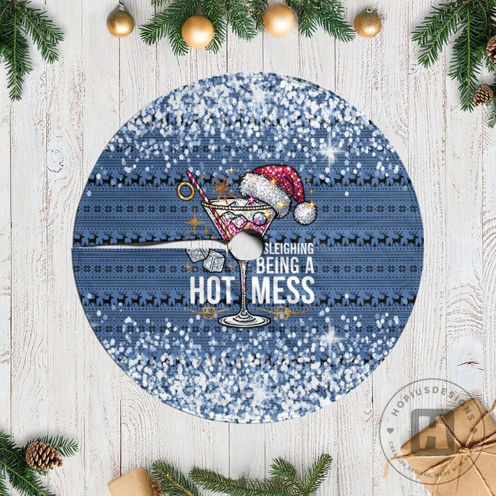 Sleighing Being A Hot Mess Christmas Martini Glass Blue Tree Skirt
