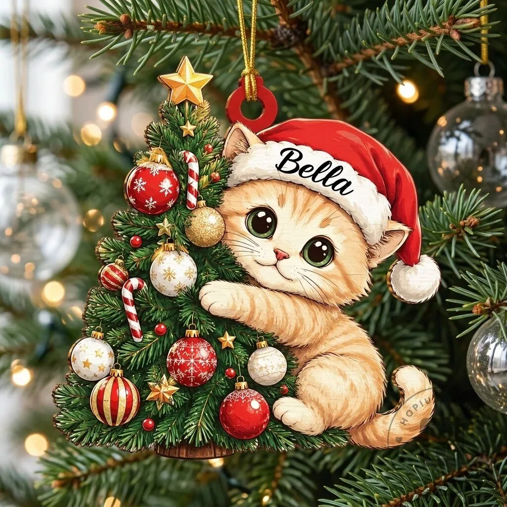 Personalized Cute Cat Christmas Tree Holiday Ornament