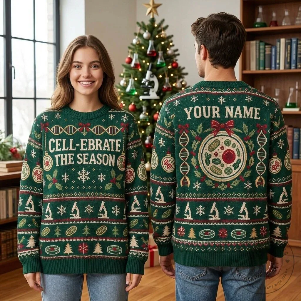 Personalized Biology Teacher Festive Cell-Ebrate The Season Ugly Christmas Sweater