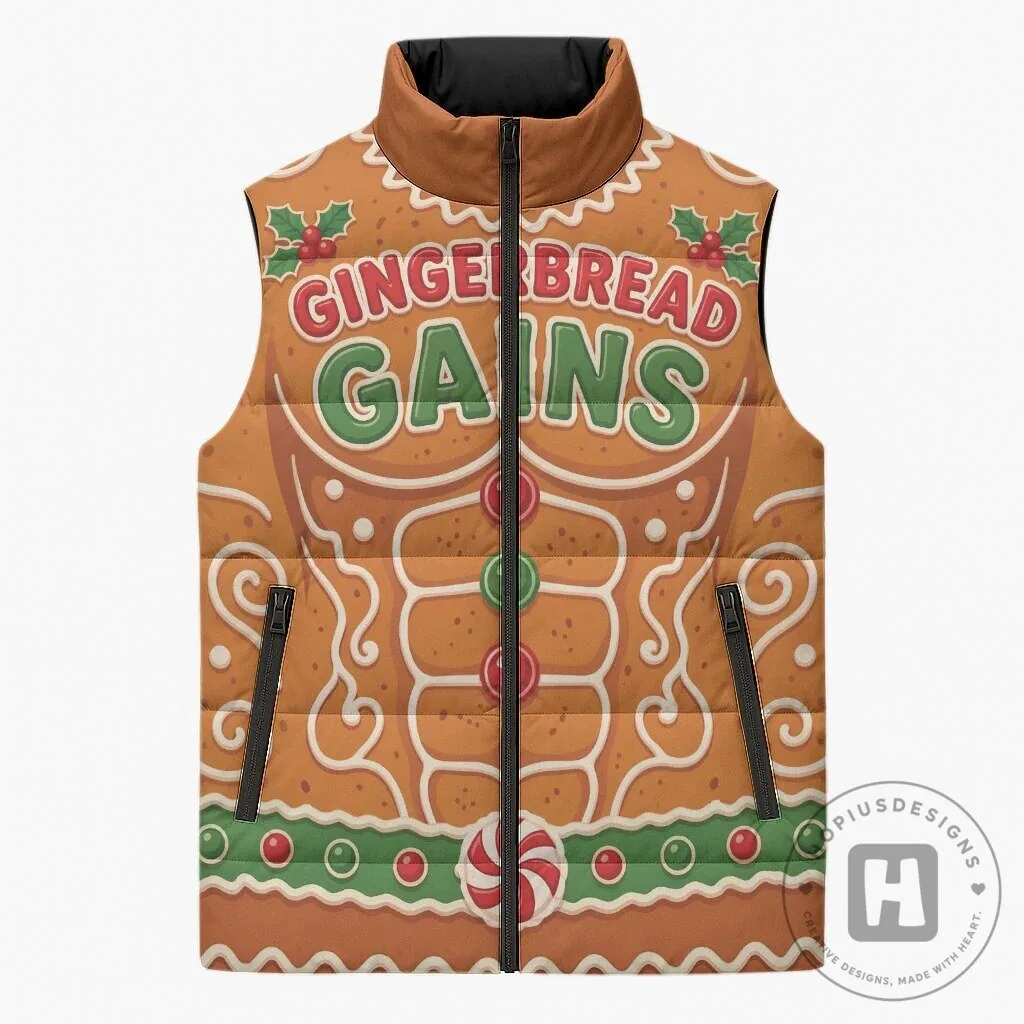 Gingerbread Gains Funny Christmas Bodybuilder Puffer Vest