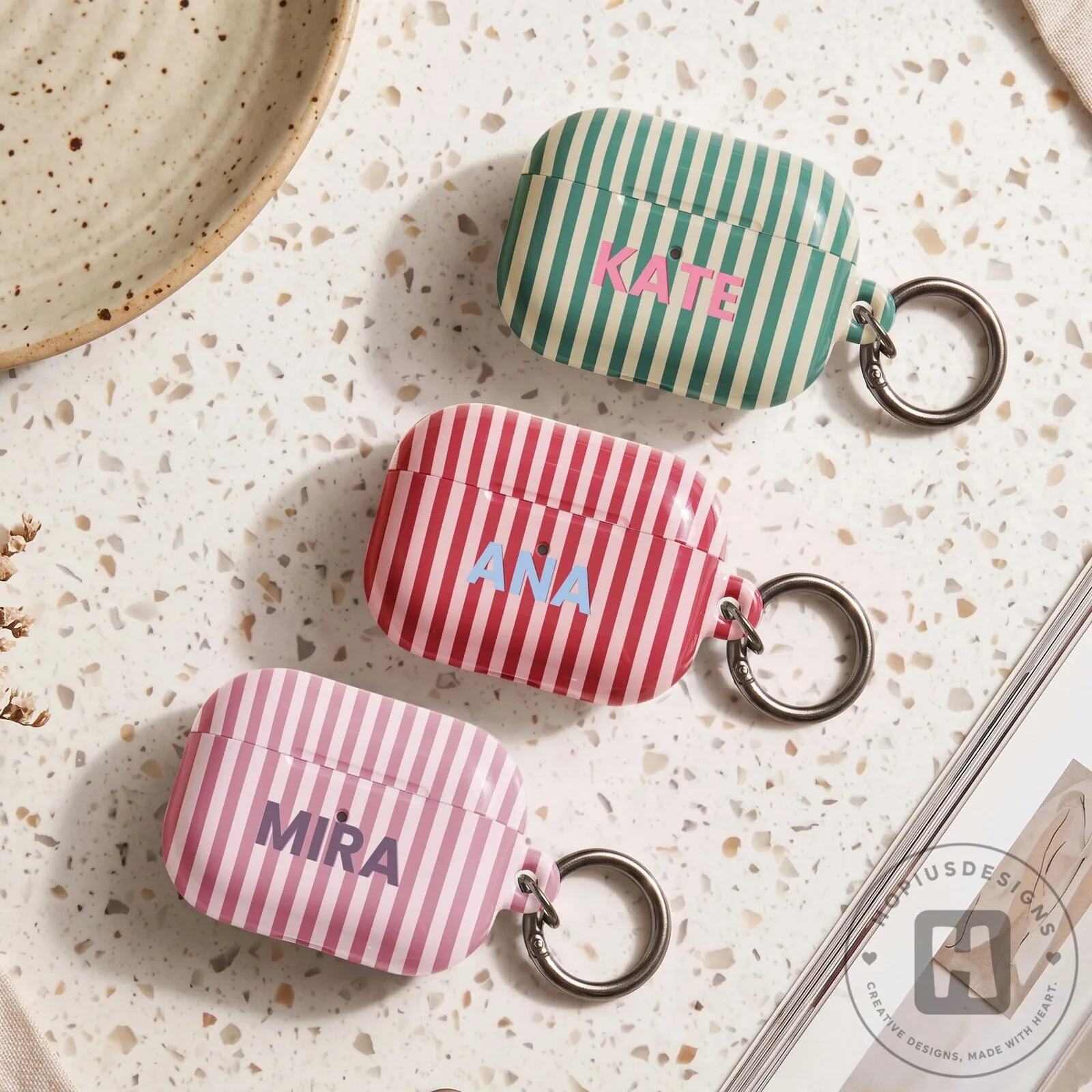 Personalized Striped AirPods Case with Custom Name Monogram Keychain