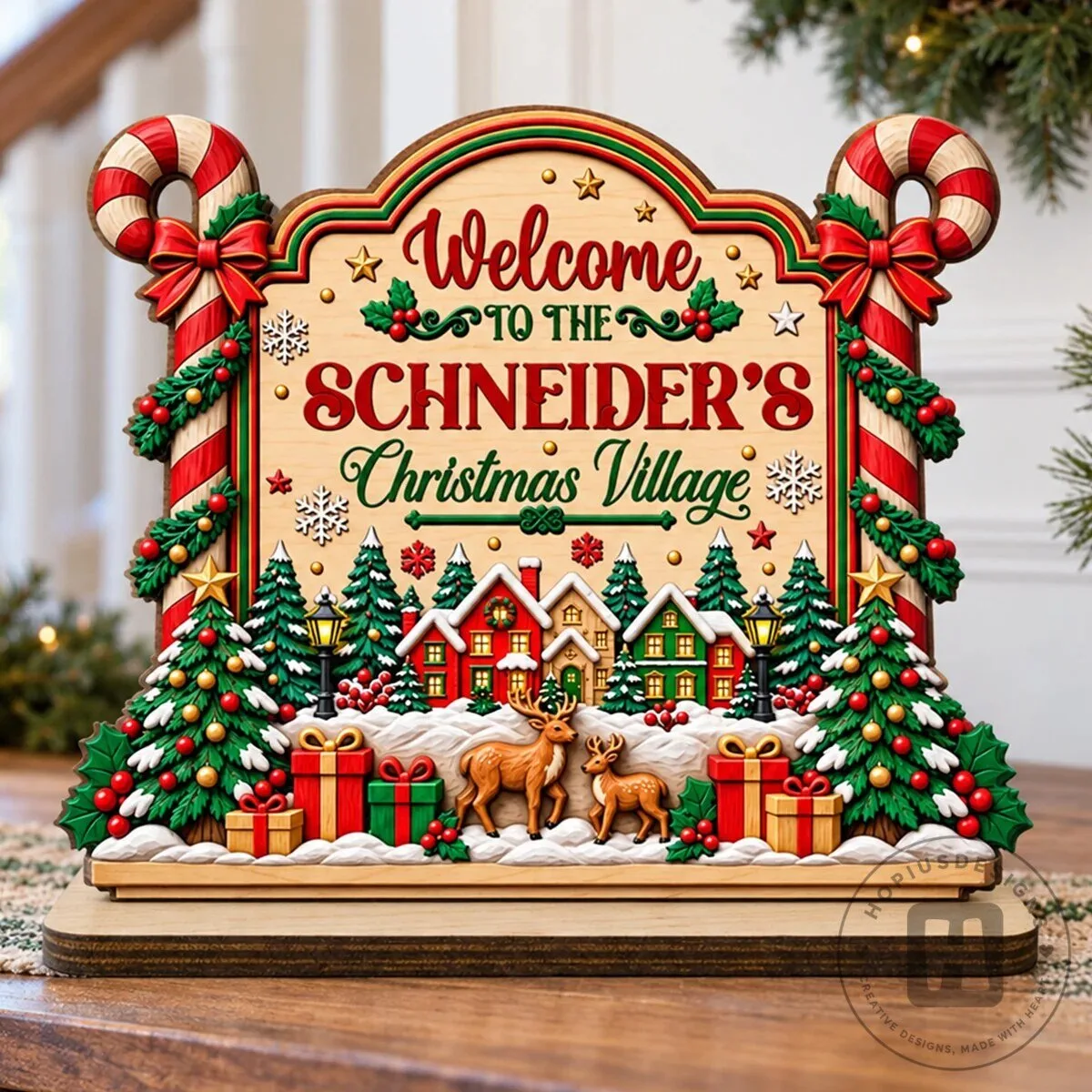 Personalized Christmas Village Welcome Sign Wooden Plaque with Candy Cane Decor