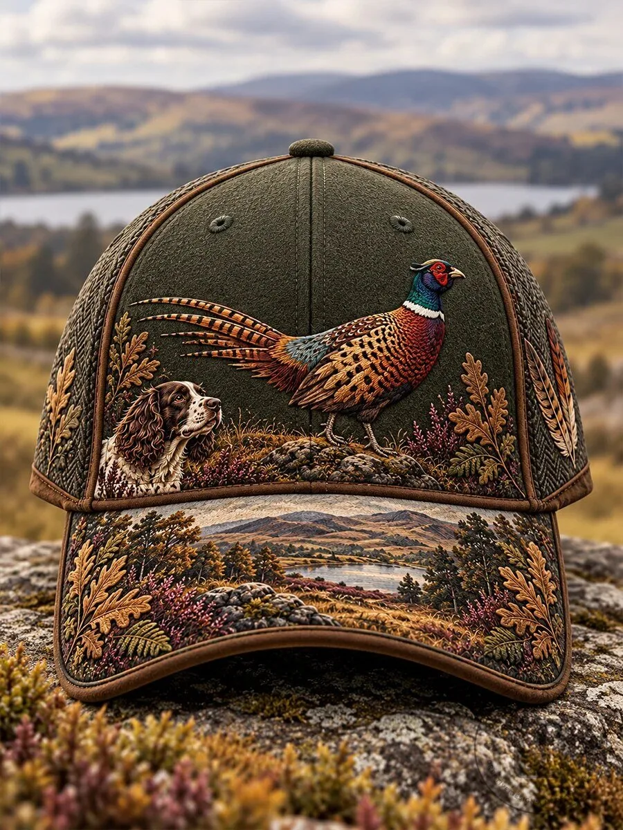 Pheasant Hunting Dog Autumn Landscape Embroidered Cap Hat