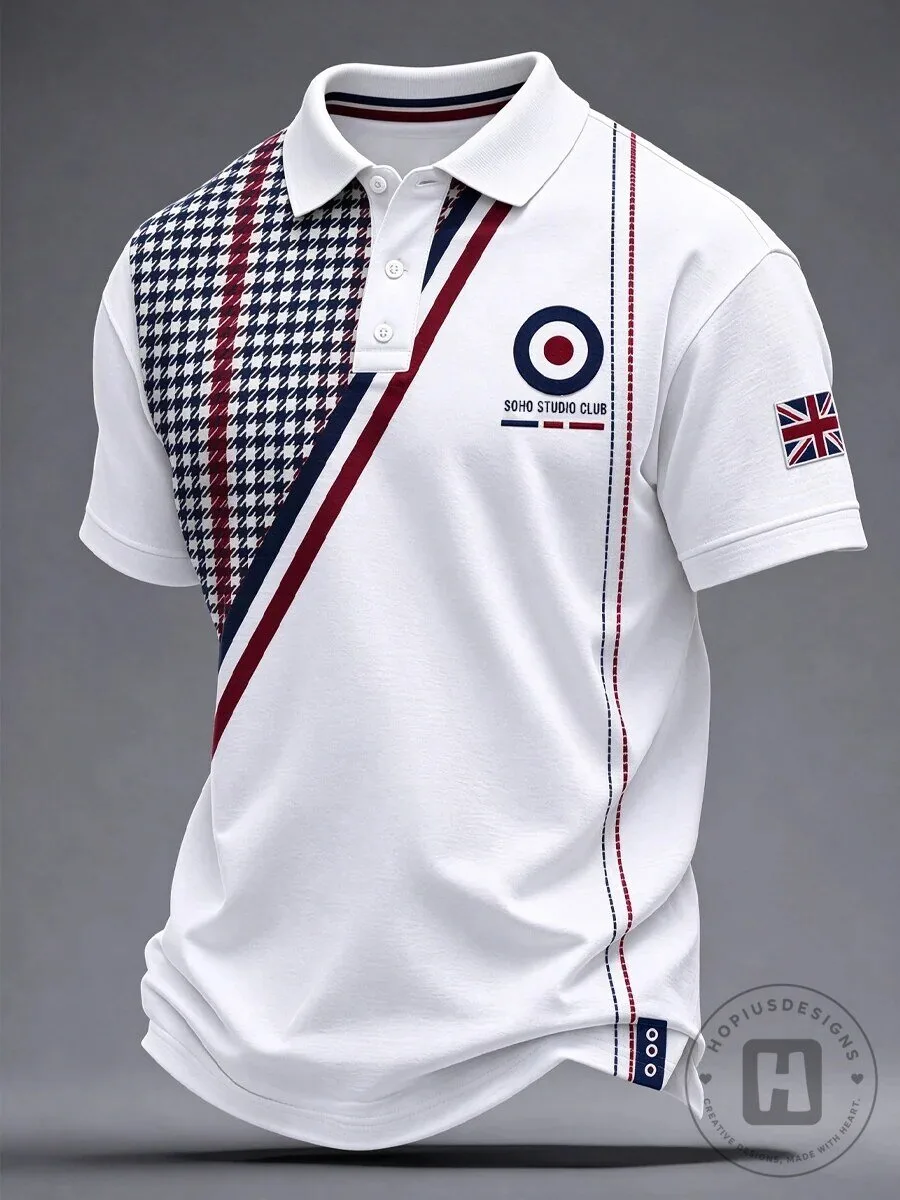 Soho Studio Club British Mod Style Houndstooth Pattern Men's Polo Shirt