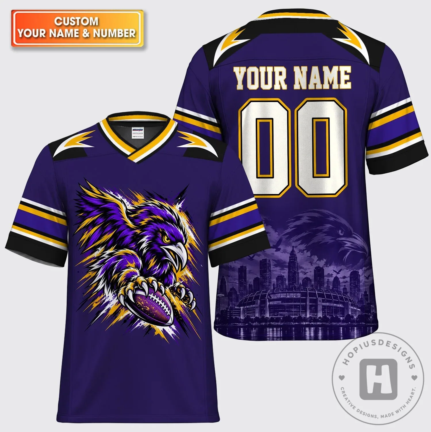 Personalized Purple Raven Mascot American Football Jersey with Custom Name and Number