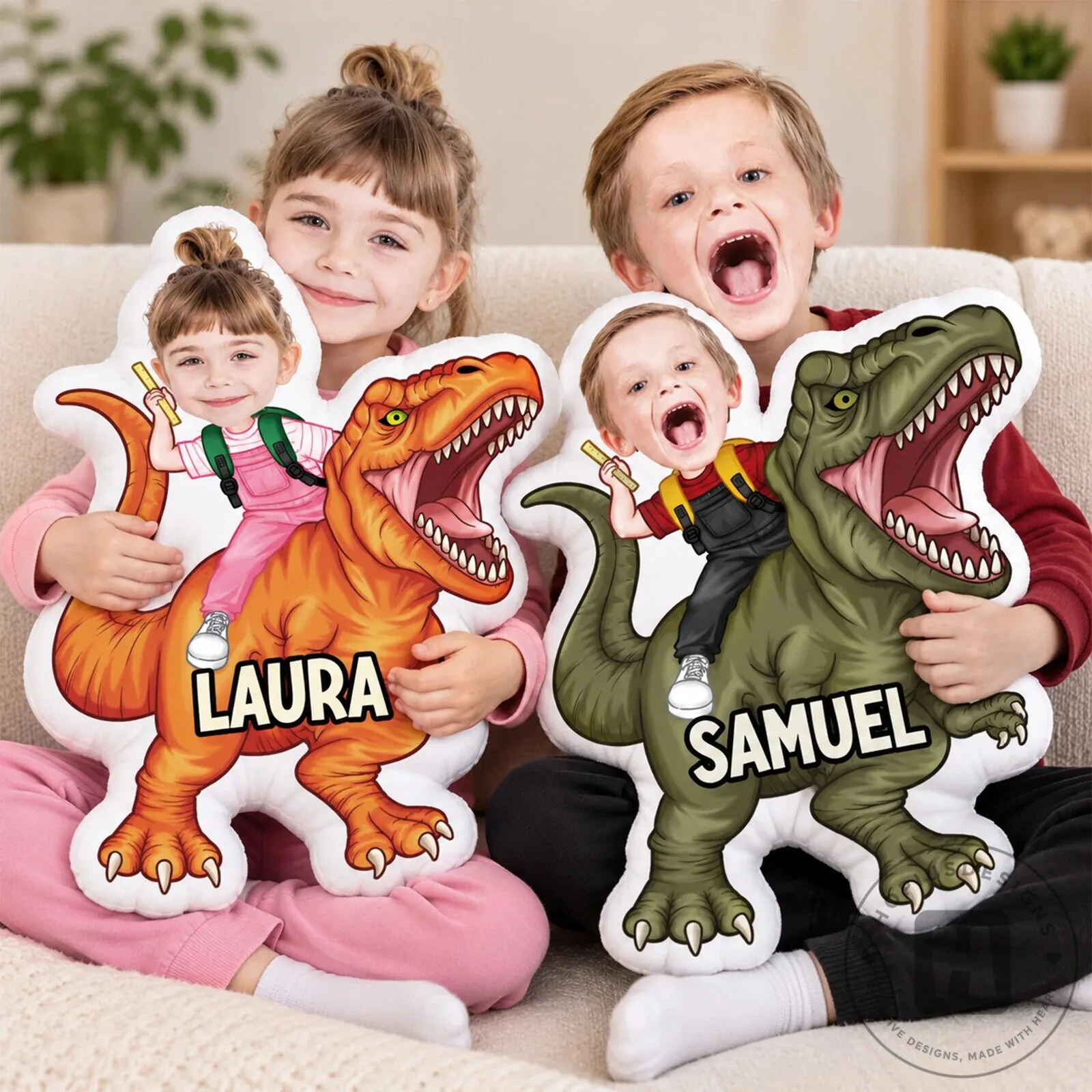 Personalized Dinosaur Shaped Pillow with Custom Kid's Face - Unique Gift for Children