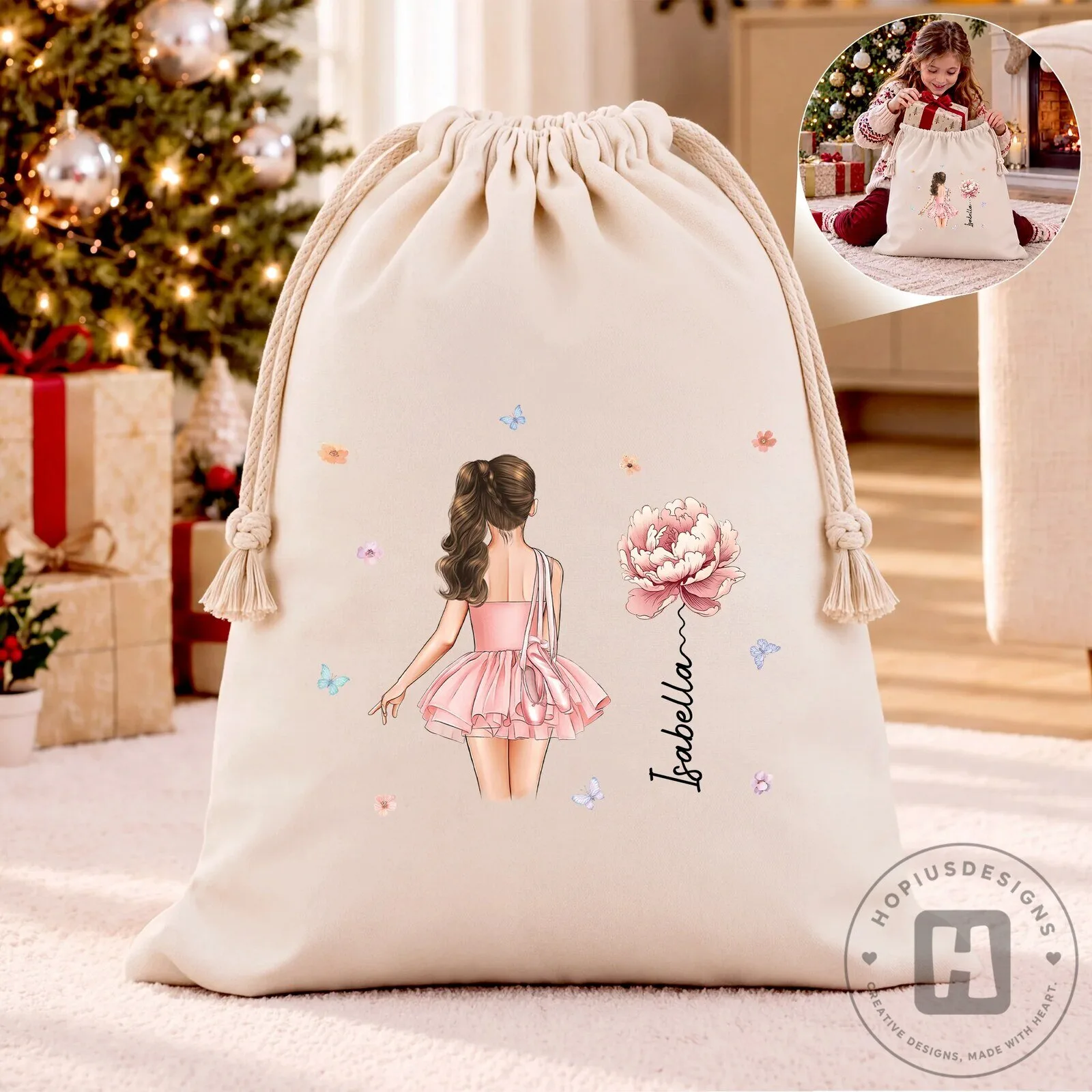 Personalized Ballerina Dancer Drawstring Gift Bag for Girls, Custom Ballet Present Sack