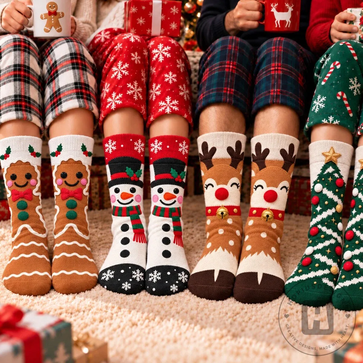 Christmas Gingerbread Man Snowman Reindeer Tree Holiday Crew Socks