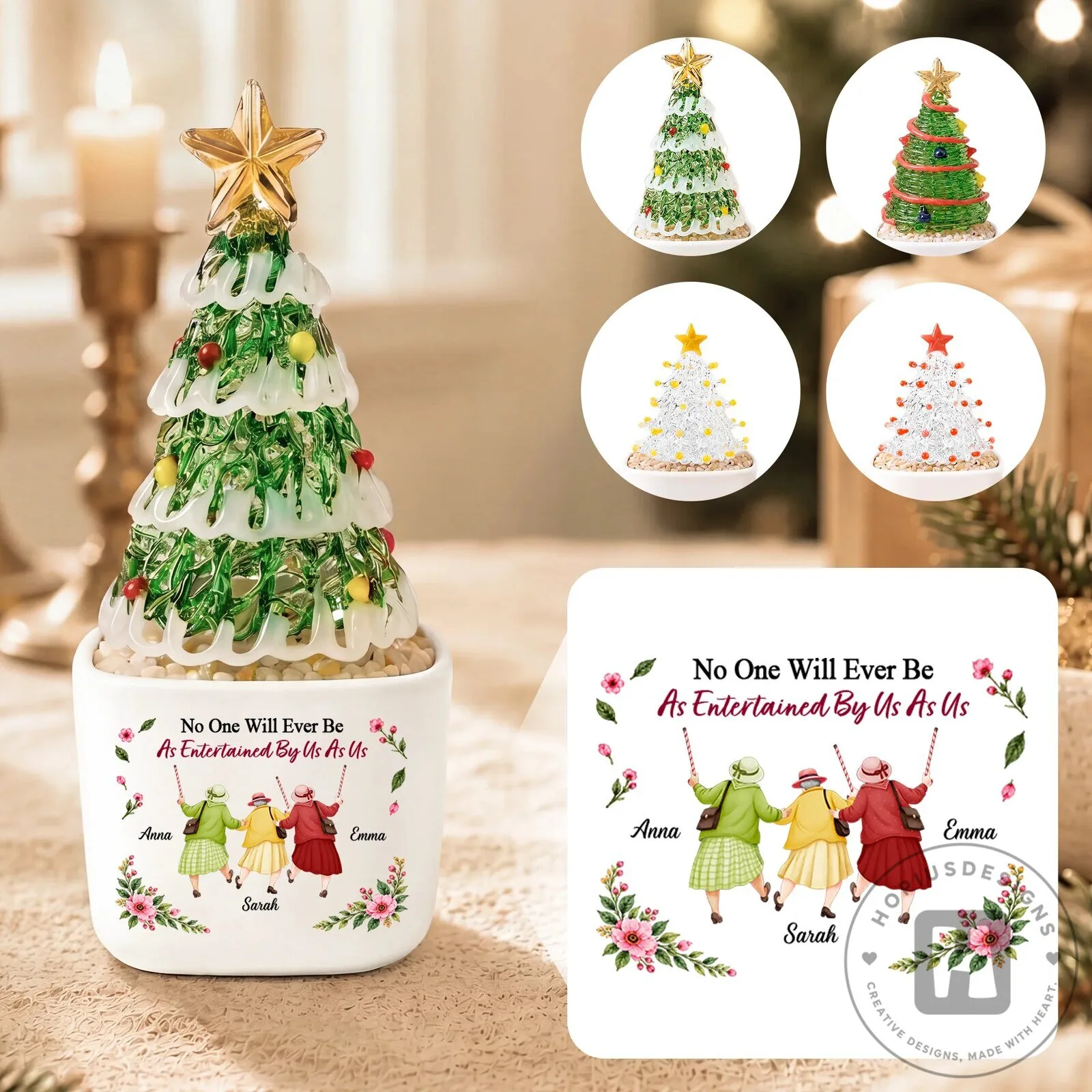 Personalized Friends Christmas Tree Glass Potted Ornament with Custom Names