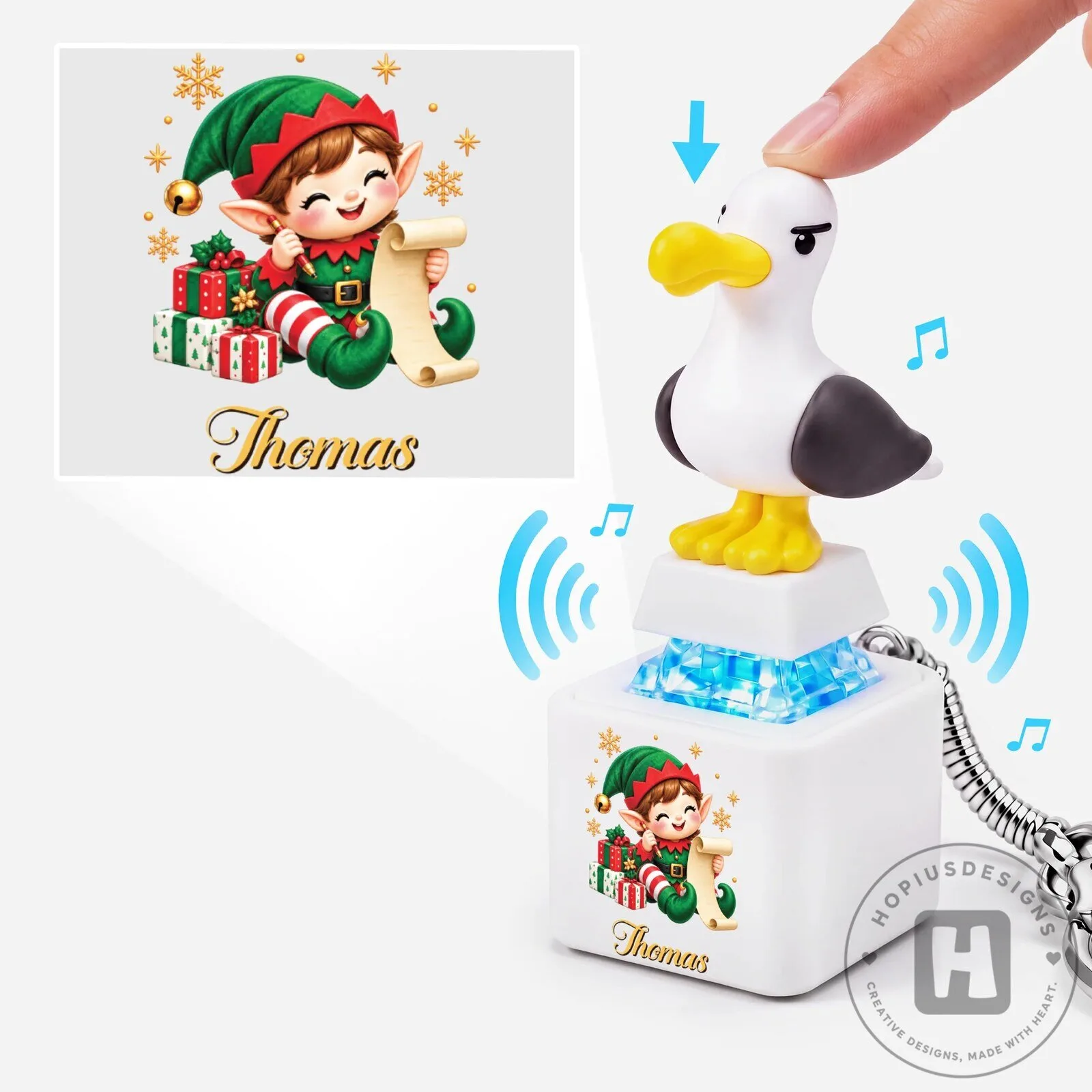 Personalized Christmas Elf Thomas Button Keychain with Seagull Sound