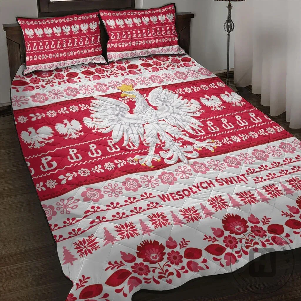Polish Merry Christmas White Eagle Folk Art Quilt Bedding Set 5 Polish Merry Christmas White Eagle Folk Art Quilt Bedding Set