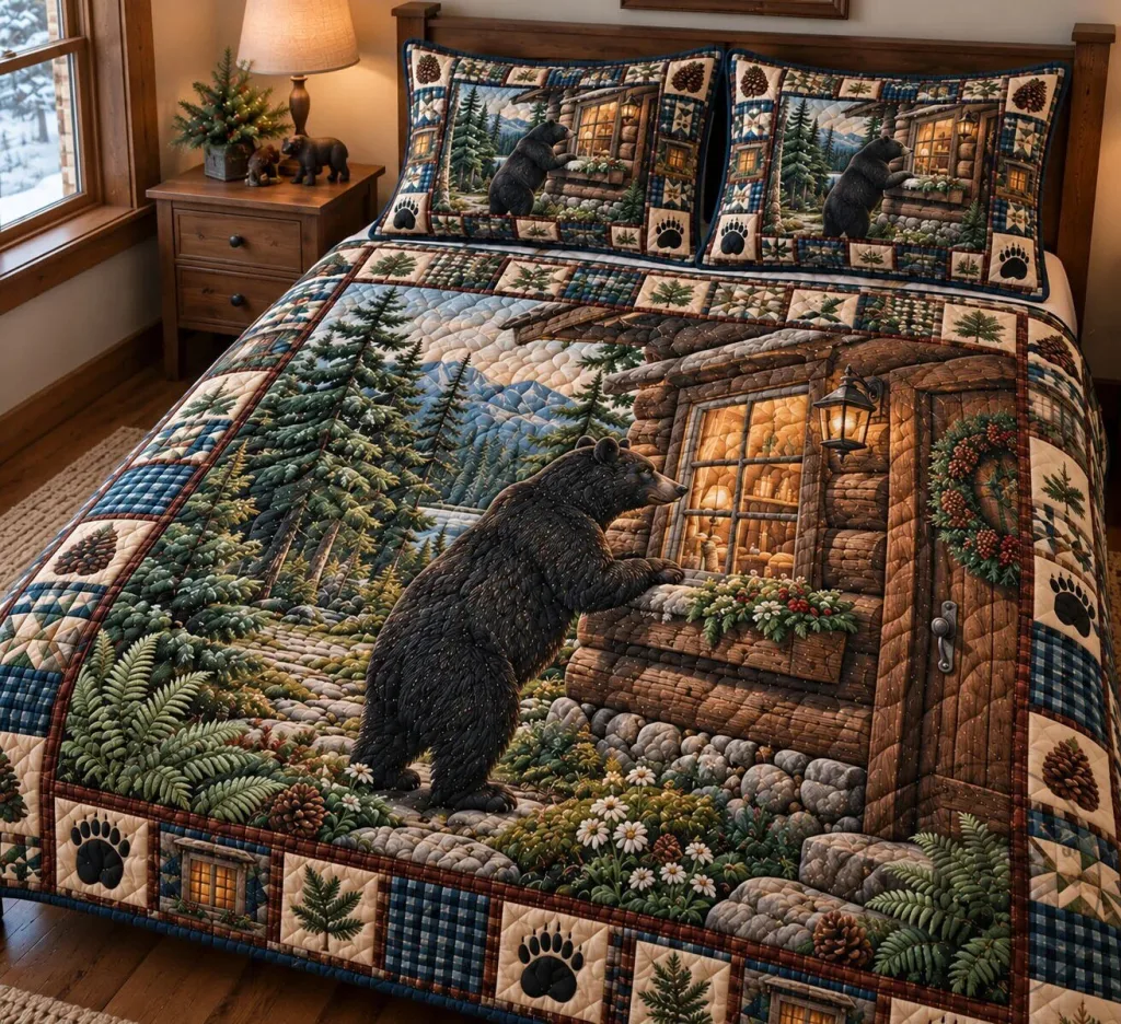 Rustic Bear Cabin Forest Quilted Bedding Set with Pillow Shams Rustic Bear Cabin Forest Quilted Bedding Set with Pillow Shams