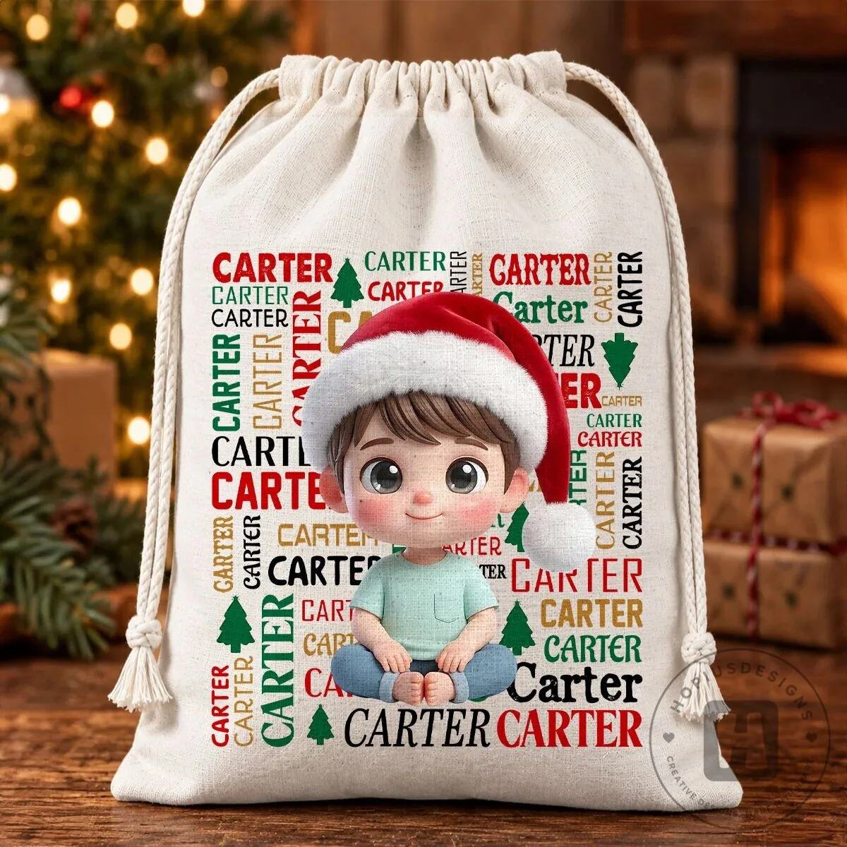 Personalized Christmas Santa Hat Boy Name Drawstring Gift Bag