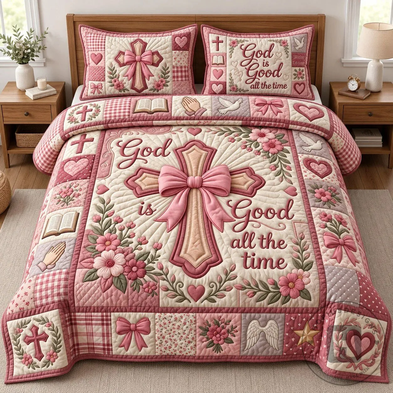 God Is Good All The Time Pink Bow Cross Christian Quilted Bedding Set