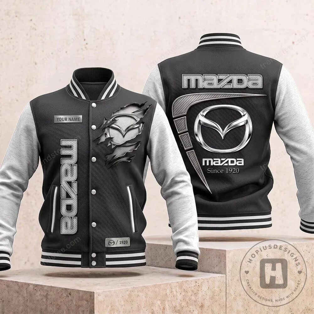 Mazda Car Logo Black and White Varsity Jacket with Custom Name Option