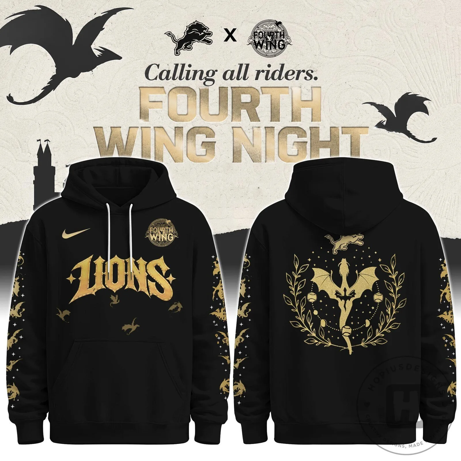 Fourth Wing Night Detroit Lions Black and Gold Dragon Riders Hoodie