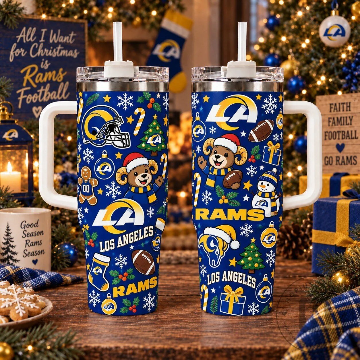 Los Angeles Rams Christmas Holiday 40 Ounce Stainless Steel Tumbler with Handle